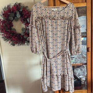 Max Studio Beige Floral Long-Sleeve Tiered Dress XL